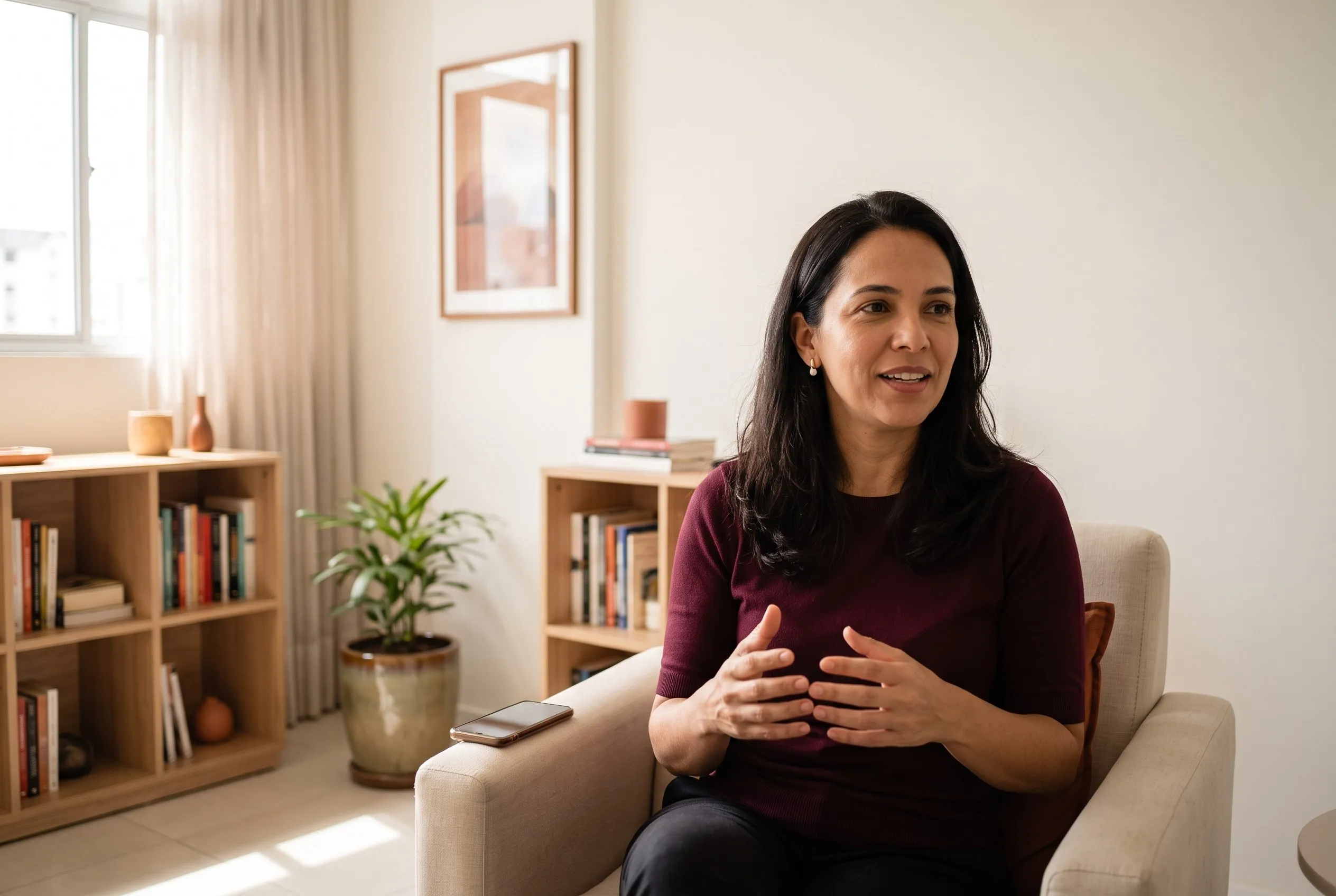 Mulher sentada numa poltrona, conversando e gesticulando com as mãos